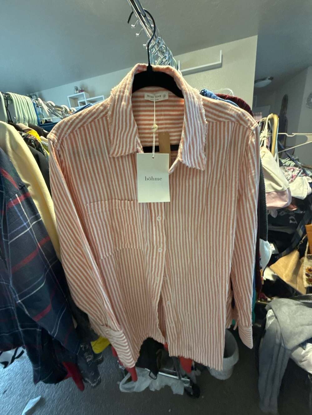 Miss Love Böhme Striped Long-Sleeve Button-Down Shirt with Frayed Hem